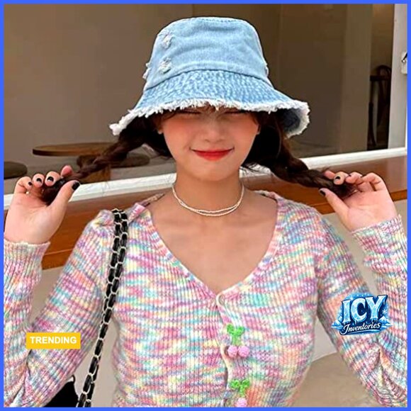Distressed Denim Bucket Hat Frayed Edge Adjustable Sun Protection main image 4